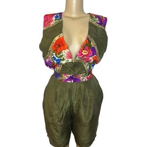 Vintage 90s Clipper Bay Color Block Floral Silk Short Set